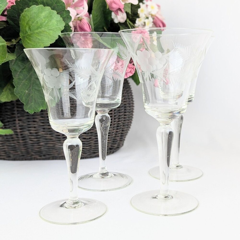 Vintage Etched Crystal Stemware Set of 4 Mixed Water Wine Glasses Floral Cut
